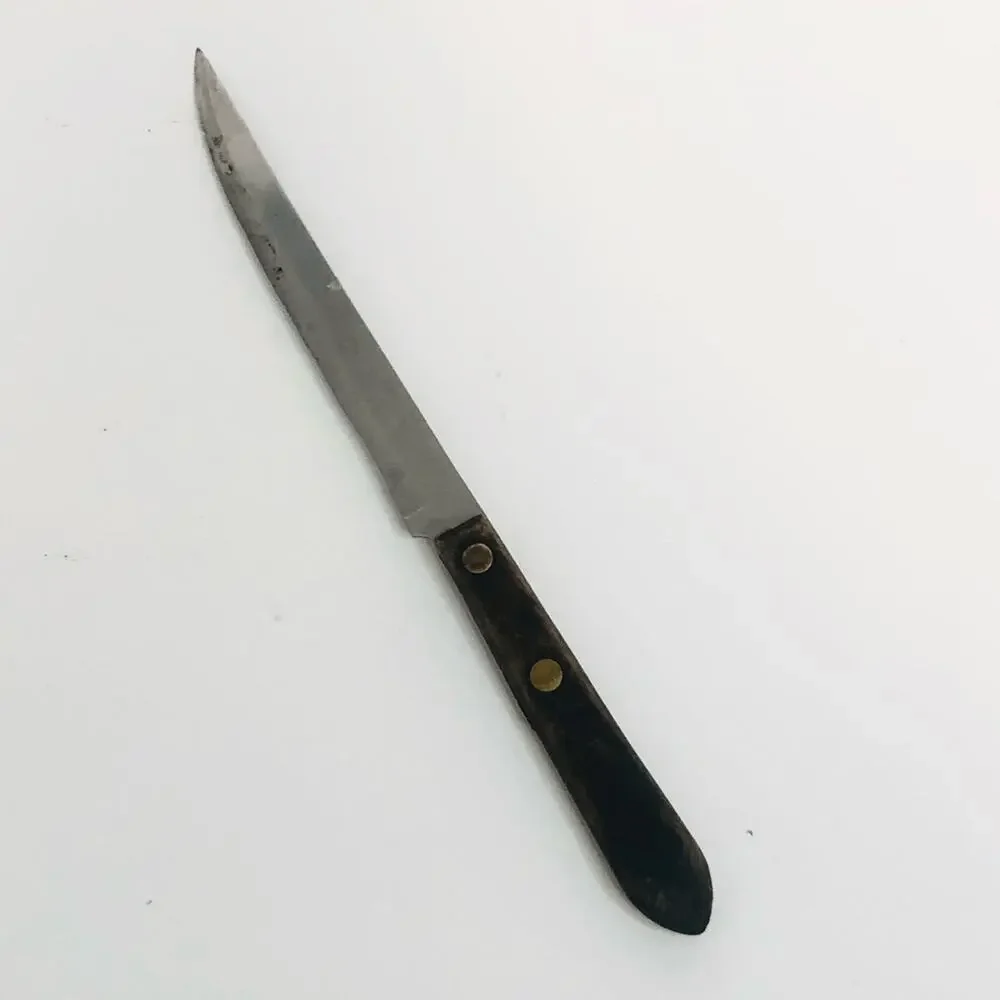 vintage wooden handled kitchen knife 5 inch blade riveted handle brown‎ as is